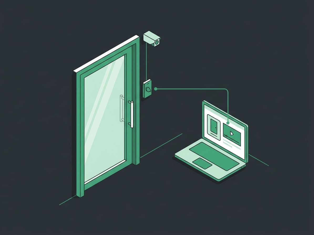 Illustration of a door with a card reader and camera, linked to a laptop showing a door event with video