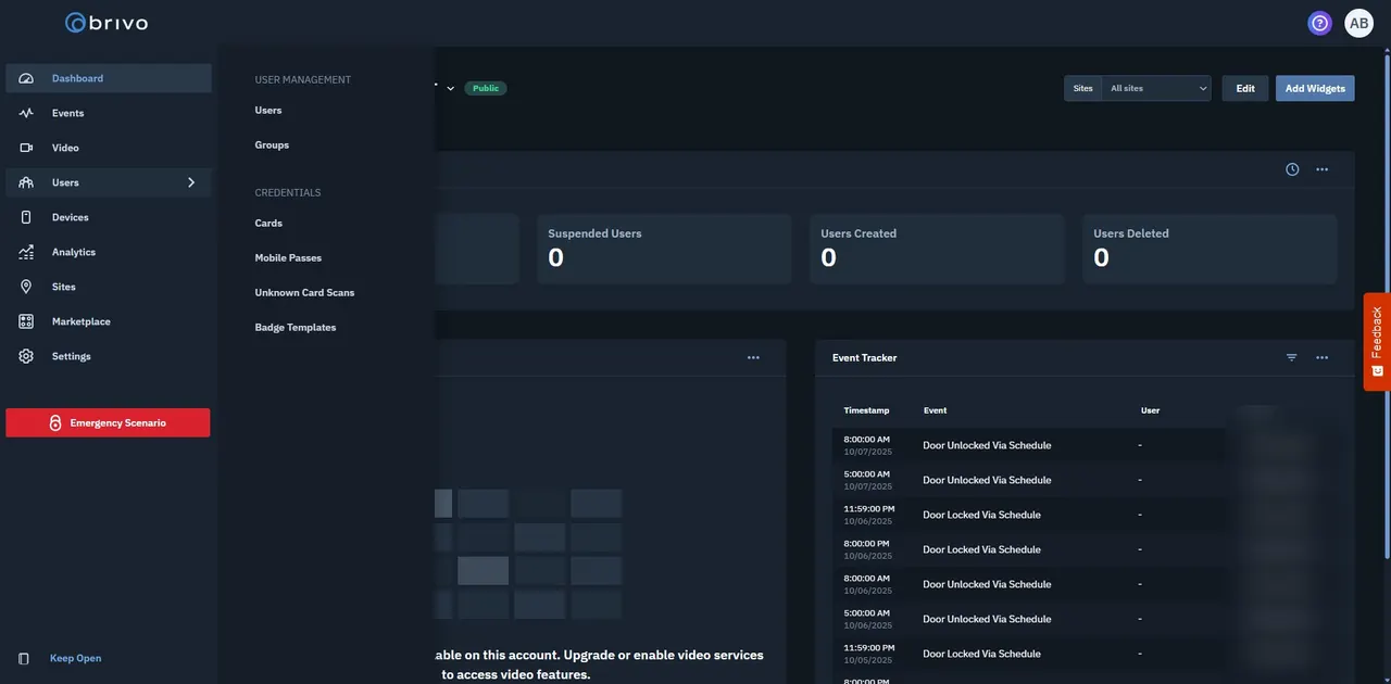 Brivo Access screen for step 2: Hover over Users in the left menu.