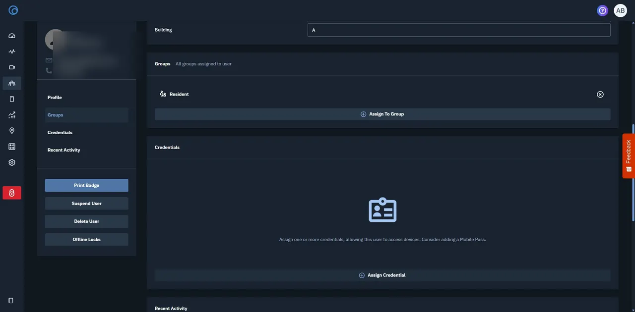 Brivo Access screen for step 5: Scroll down to the Credentials section and click Assign Credential.