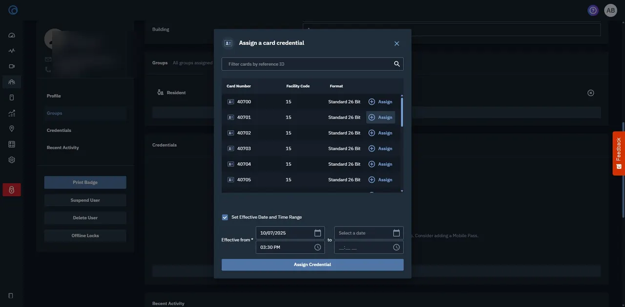 Brivo Access screen for step 9: Search for the key fob number, then click Assign next to it.