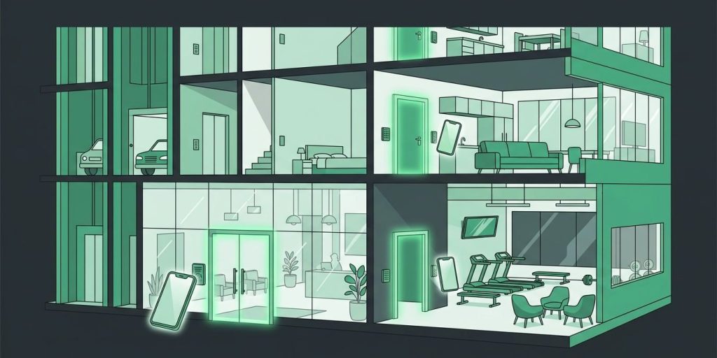Brivo Smart Apartments cover illustration Illustration: a smart apartment building cutaway where a smartphone opens the lobby door, the amenity room, and a unit door
