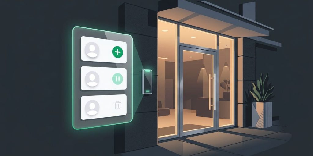 Brivo user management Illustration of an apartment lobby entrance with a panel for adding, suspending, and deleting users
