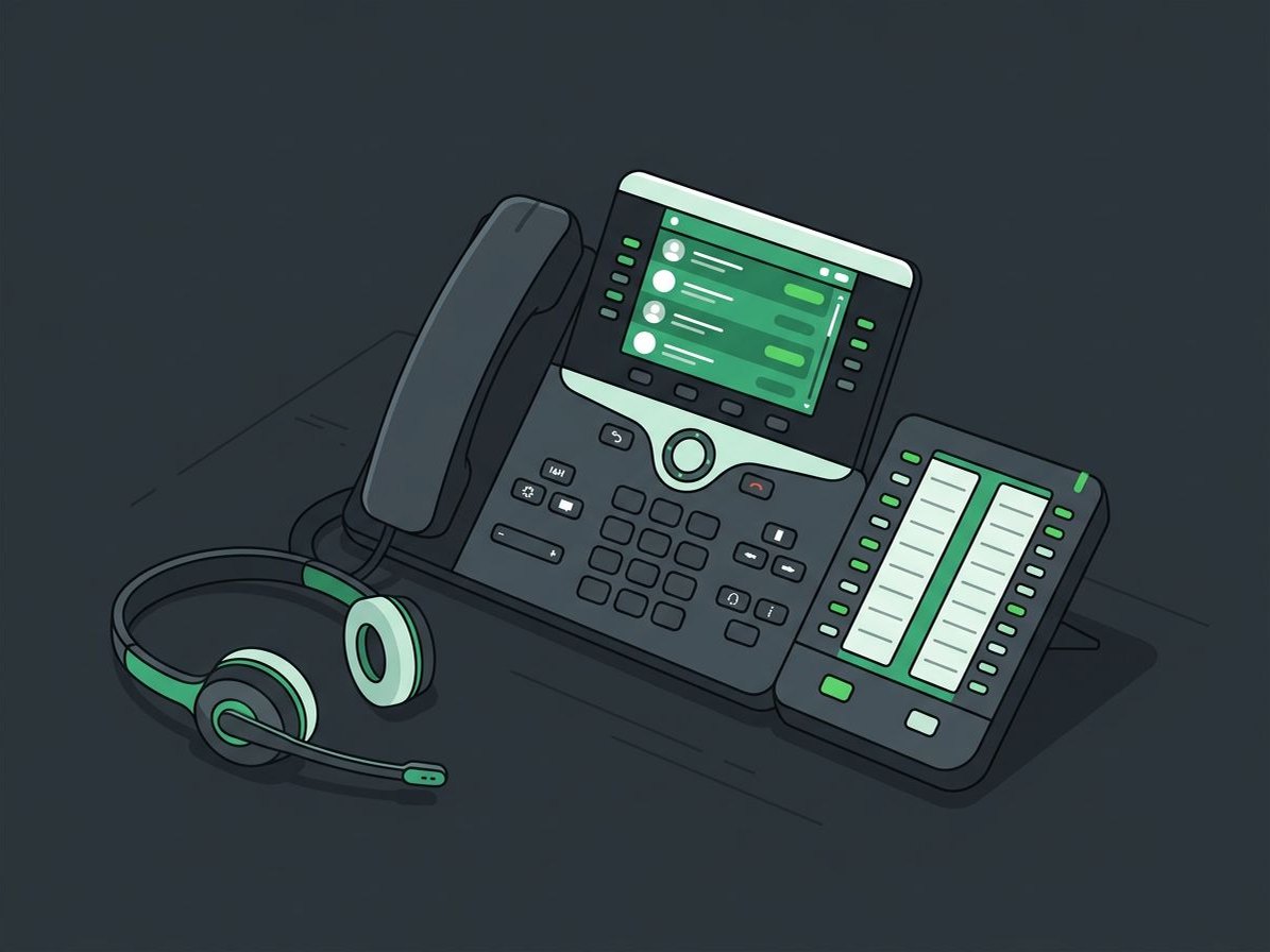 Illustration of a business desk phone with a color screen, a headset, and an expansion module