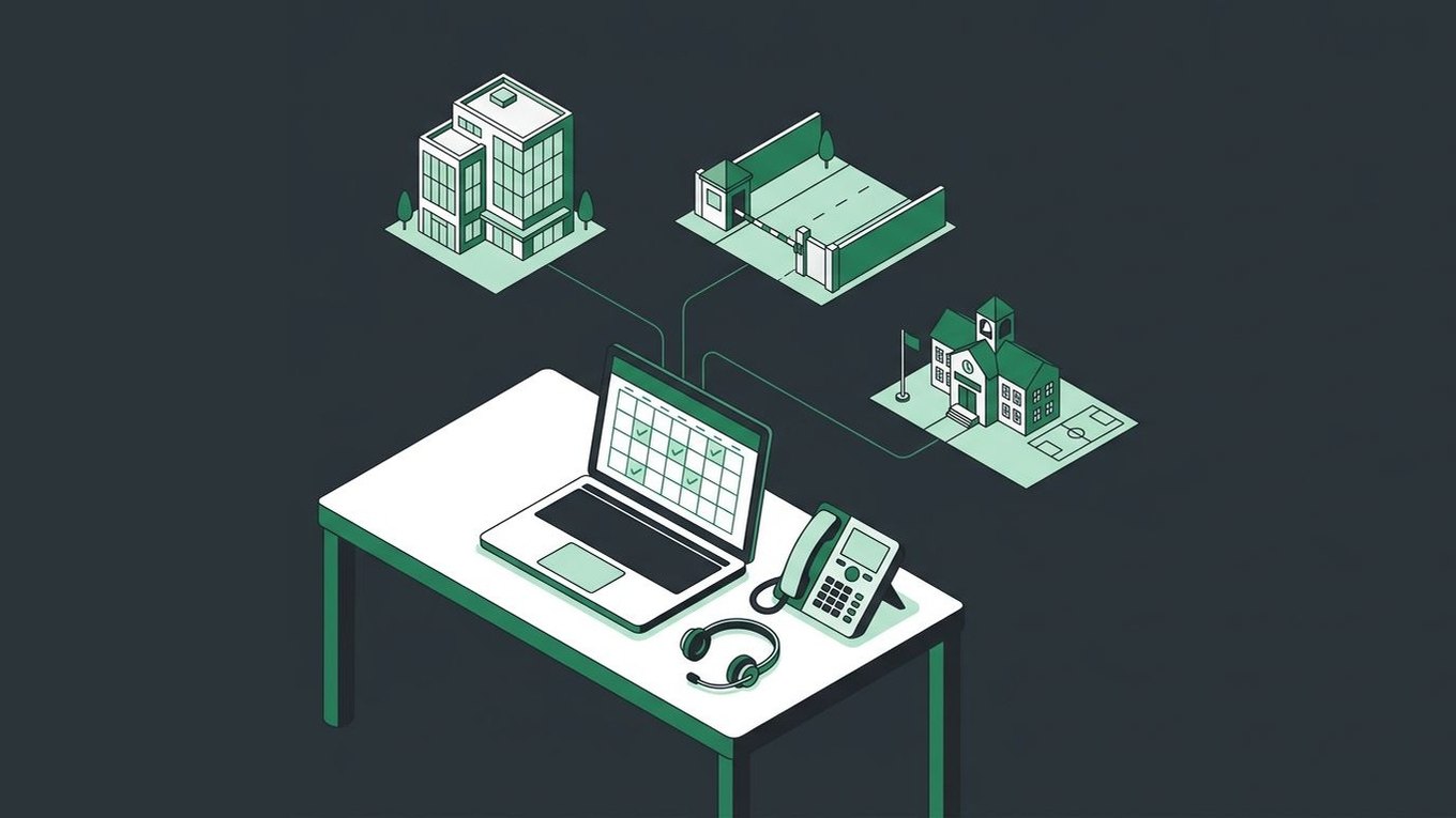 Illustration of a desk with a headset, phone, and calendar connected to an office, a gated community, and a school