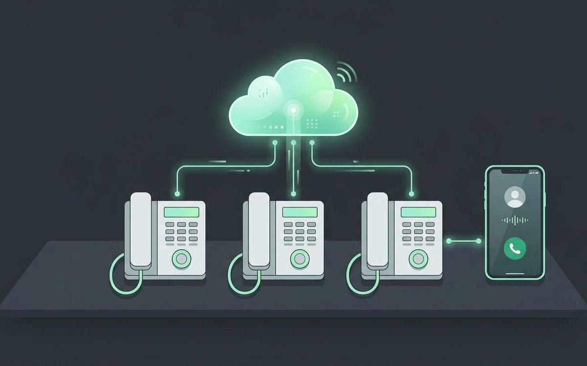 Illustration of three desk phones connected to a cloud and a smartphone with an incoming call