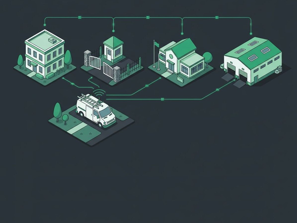Illustration of offices, a gated community, a school, and a warehouse connected to a service van