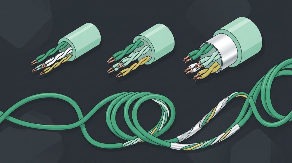 CAT6 vs. CAT5e and CAT6A: Choosing the Right Network Cable Illustration of three network cable cross-sections showing twisted pairs and a foil-shielded cable