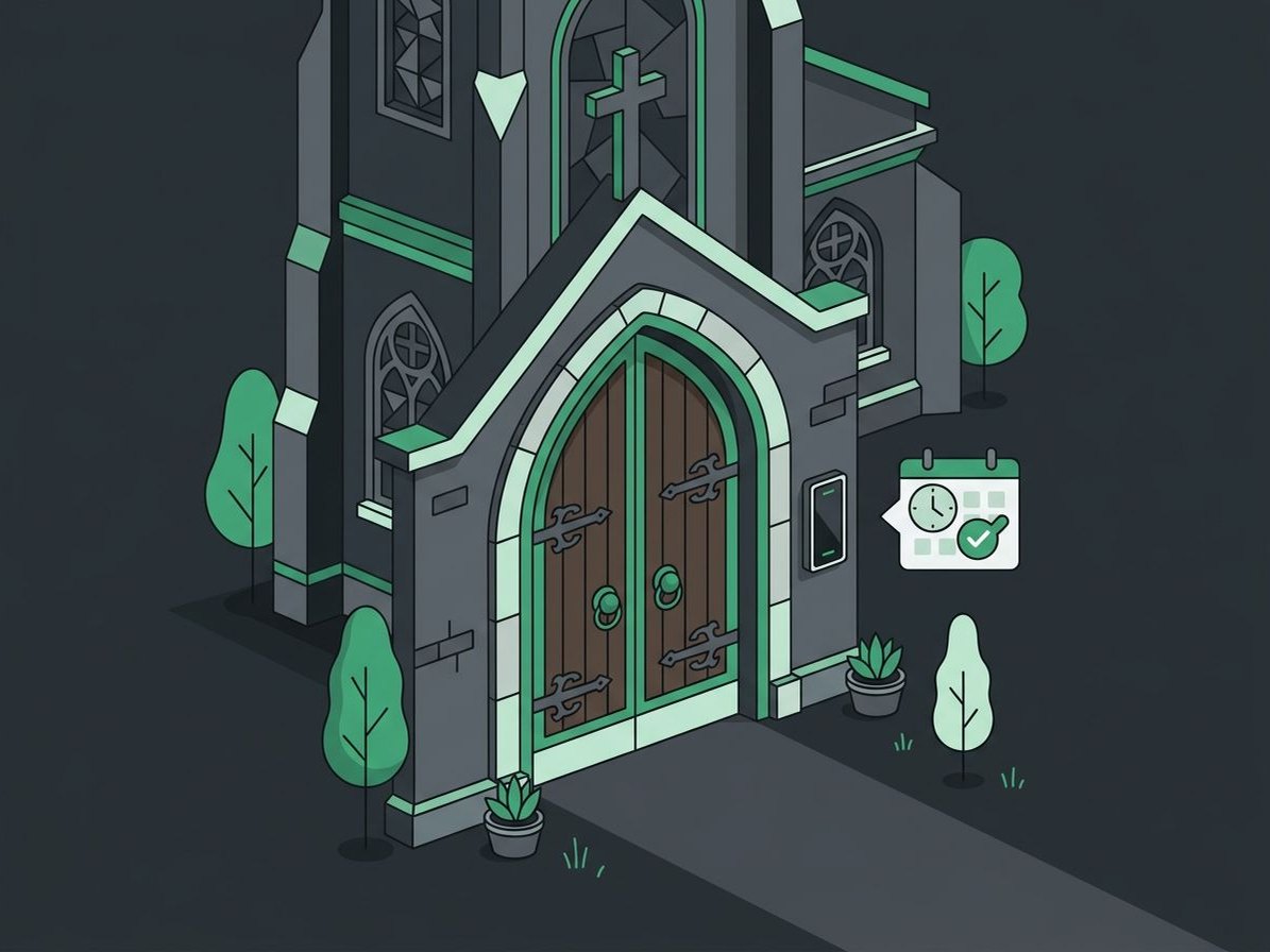 Illustration of church double doors with a card reader and a schedule icon
