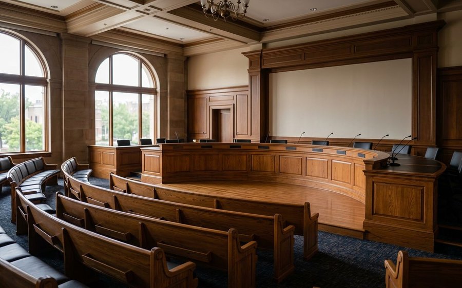 City council chamber with a curved wooden dais and public seating