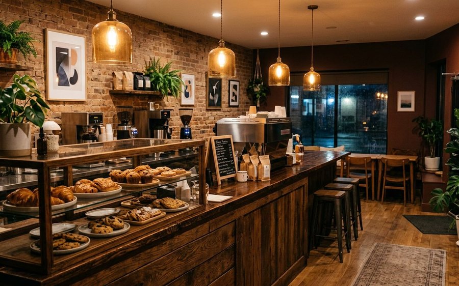 Small coffee shop with a wood counter, pastry case, and pendant lights in the evening