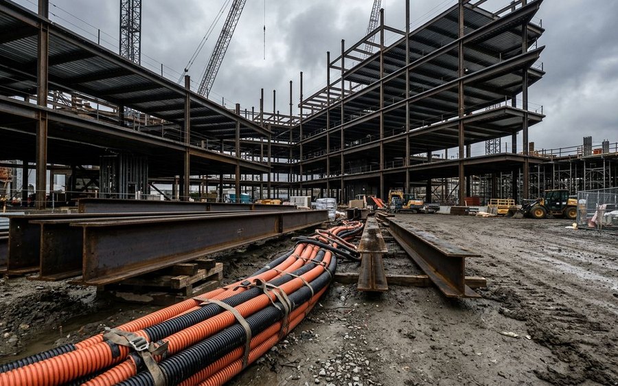 Commercial construction site with steel framing and bundles of electrical conduit
