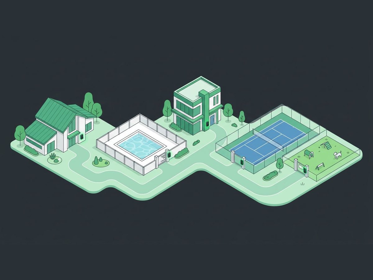 Illustration of a community with a clubhouse, pool, fitness building, tennis court, and dog park, each with a card reader