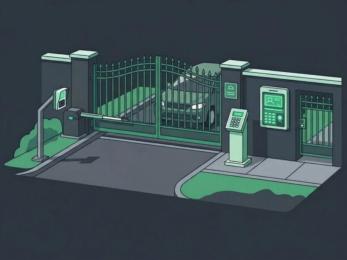 Illustration of a gated community entrance with a vehicle tag reader, keypad, directory panel, and key fob