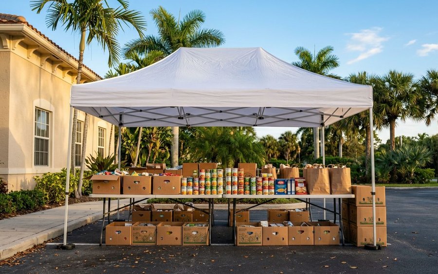 Community food drive tent with tables of donated canned goods and boxes outside a Florida community center