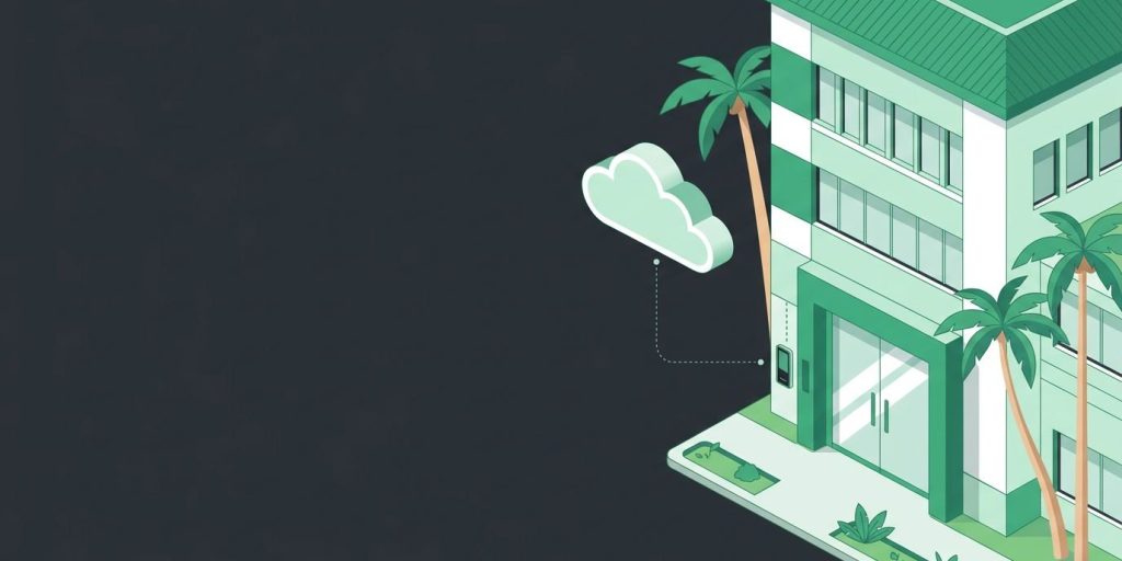 Complete I.T. Brings Brivo Cloud Access Control to Tampa Bay Businesses and Communities cover illustration Illustration: a Florida-style office building with palm trees and a glass entrance door with a slim card reader