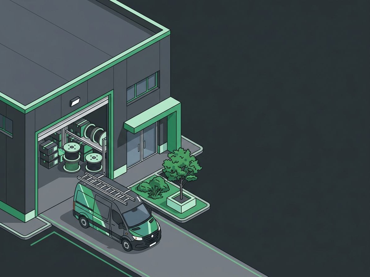 Illustration of a headquarters building with equipment shelves and a service van out front