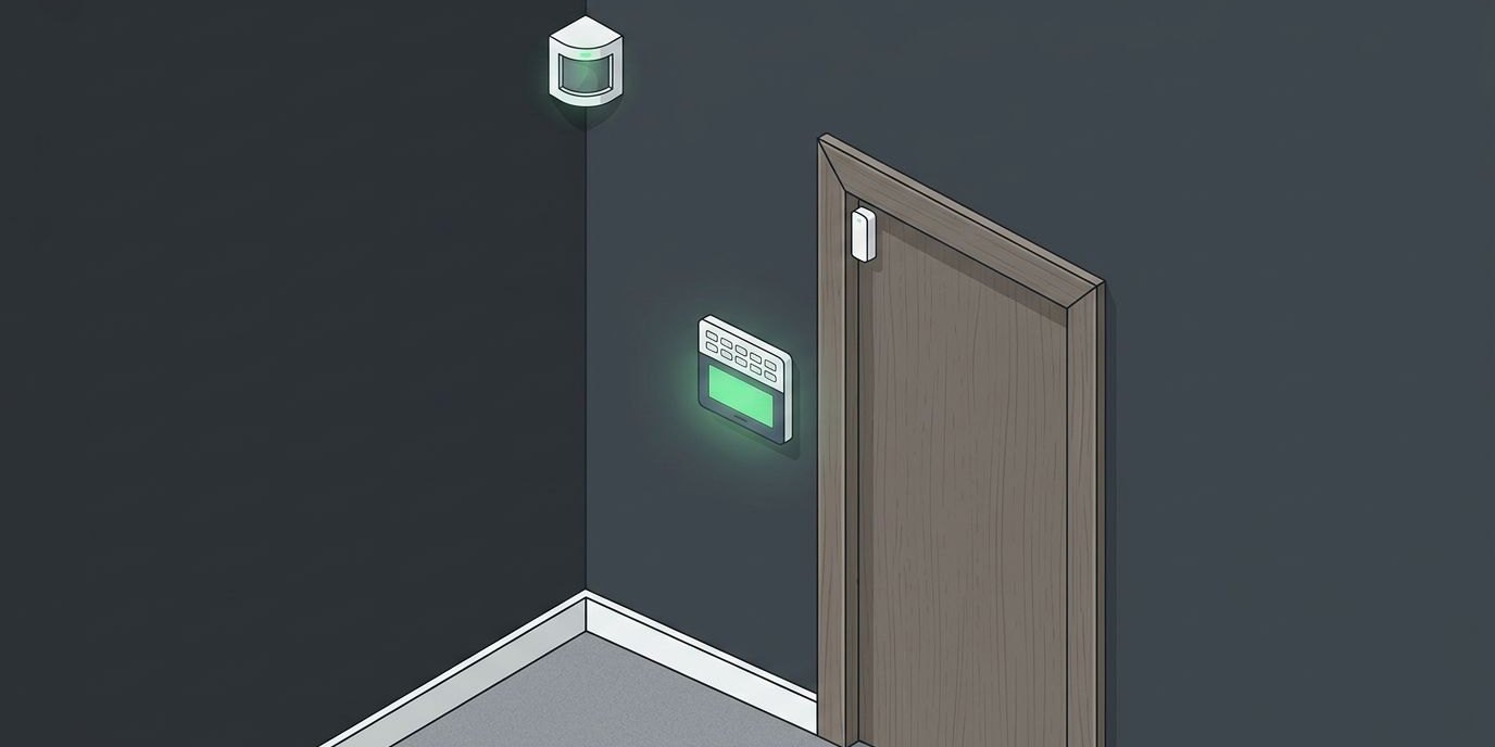 Complete I.T. Earns Florida Alarm System Contractor License cover illustration Illustration: an office corner with an alarm keypad by the door, a door contact sensor, and a motion sensor