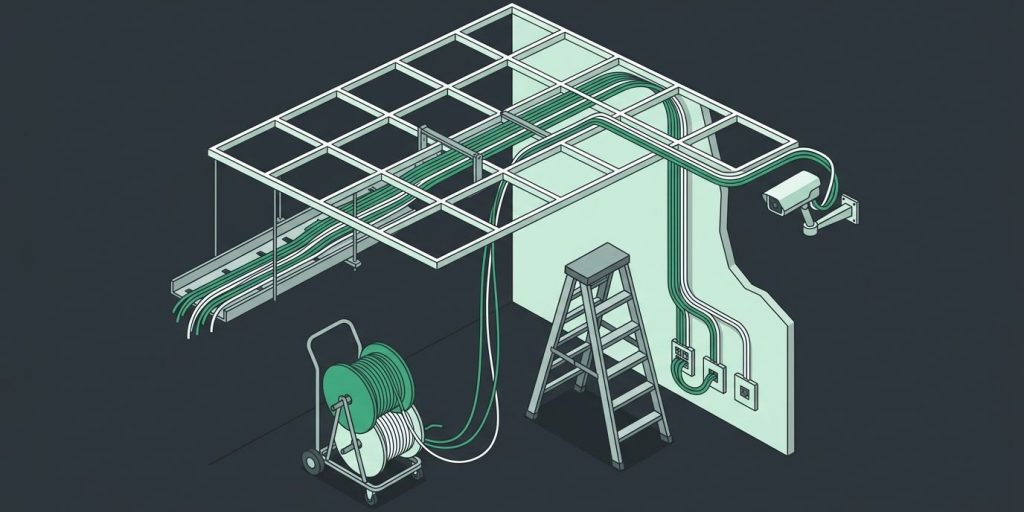 Complete I.T. Receives Florida Low-Voltage Contractor License ES12001800 cover illustration Illustration: low-voltage cable pulled through a drop ceiling to wall jacks and a security camera, with a ladder