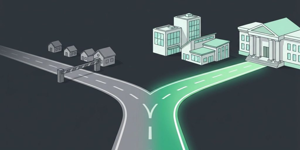 Complete I.T. Ends New Residential Work to Focus on Business and Government Clients cover illustration Illustration: a fork in the road, the path to houses closed off, the green path leading to offices and a city hall