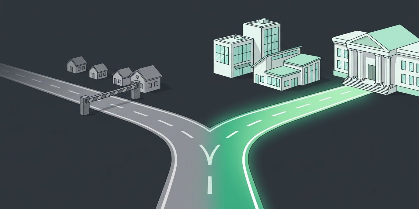 Complete I.T. Ends New Residential Work to Focus on Business and Government Clients cover illustration Illustration: a fork in the road, the path to houses closed off, the green path leading to offices and a city hall