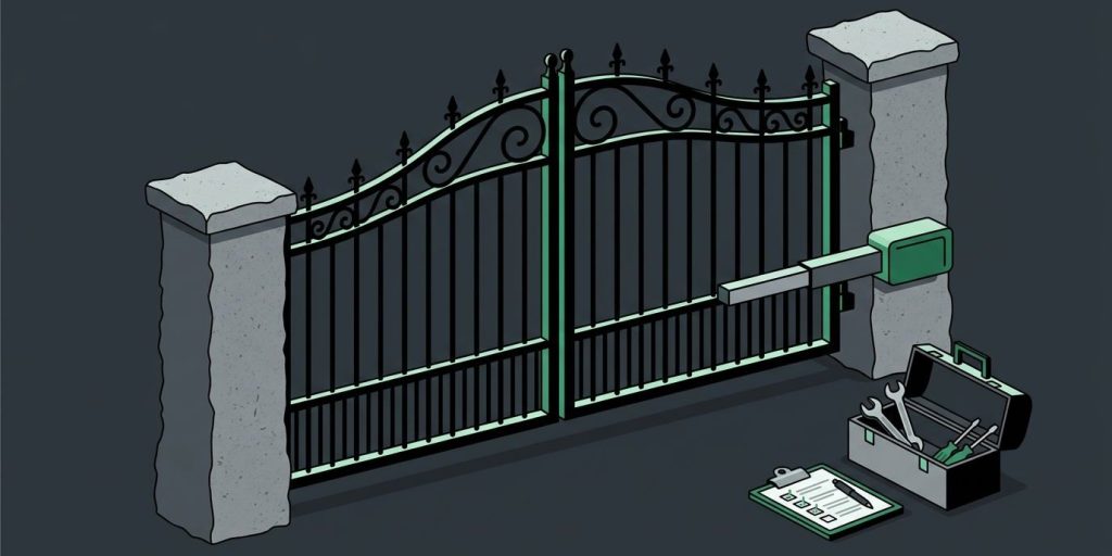 Complete I.T. Launches Automatic Gate Maintenance Service cover illustration Illustration: a double swing iron gate between stone pillars with a gate operator, a toolbox, and a checklist