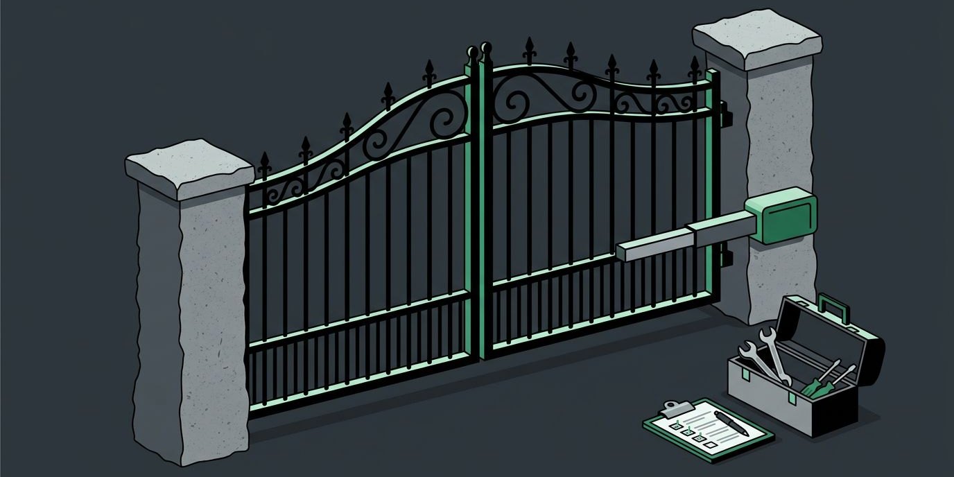 Illustration: a double swing iron gate between stone pillars with a gate operator, a toolbox, and a checklist