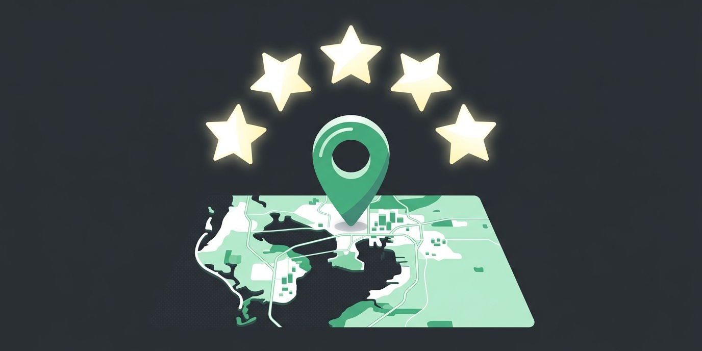 Complete I.T. Reaches 300 Google Reviews With 4.9-Star Rating cover illustration Illustration: five large glowing stars arranged in an arc above a map pin over a stylized Tampa Bay coastline