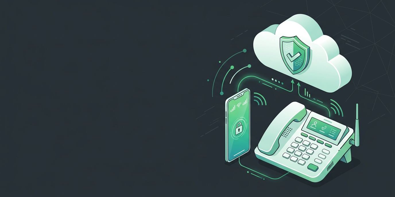 Illustration: a desk phone and a smartphone connected to a cloud with a shield emblem