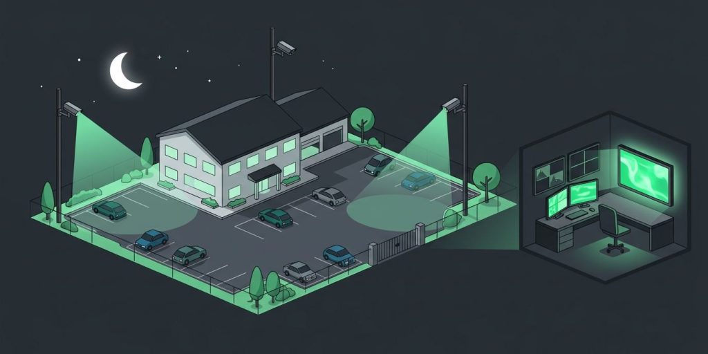 Complete I.T. Launches Live Nighttime Video Monitoring Service cover illustration Illustration: a nighttime property with a parking lot and building lit by a crescent moon