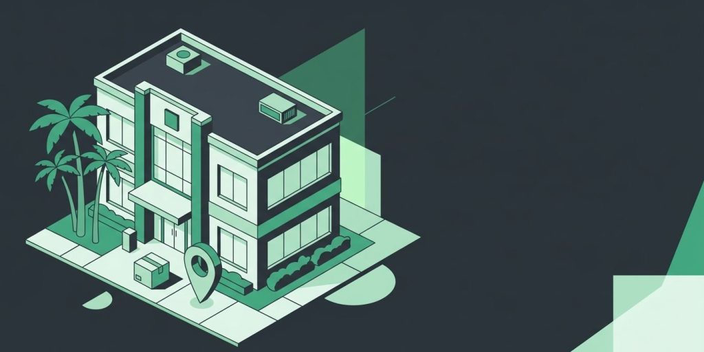 Complete I.T. Moves to New Wesley Chapel Office on Cypress Ridge Boulevard cover illustration Illustration: a modern two-story office building with a moving box and a map pin, palm trees beside the entrance