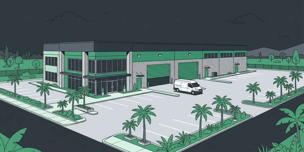 Complete I.T. Is Growing: A Larger Dade City Home Built for What’s Next cover illustration Illustration: a larger new office and warehouse building with a service van out front, roll-up door, and palm trees