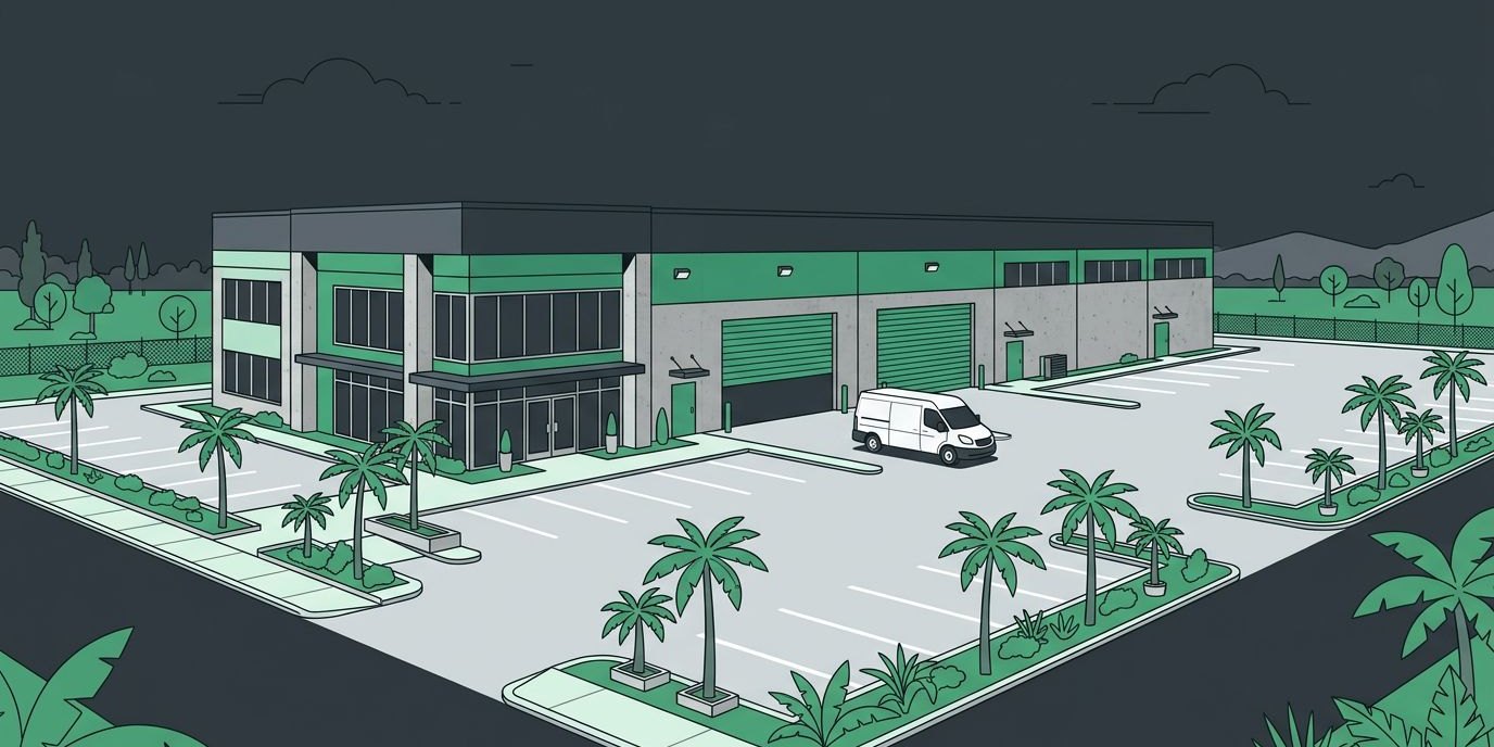 Complete I.T. Is Growing: A Larger Dade City Home Built for What’s Next cover illustration Illustration: a larger new office and warehouse building with a service van out front, roll-up door, and palm trees