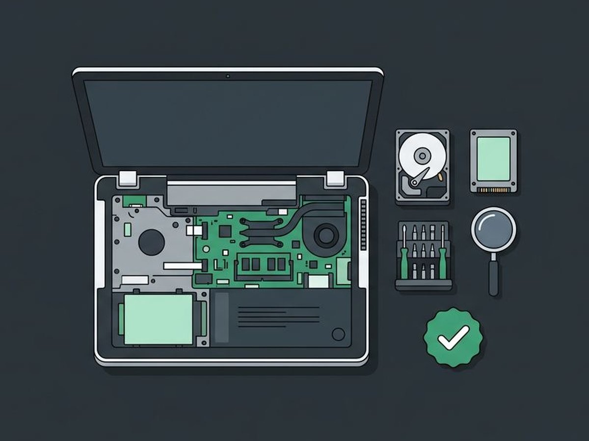 Illustration of an open laptop with a hard drive, a solid state drive, and repair tools beside it