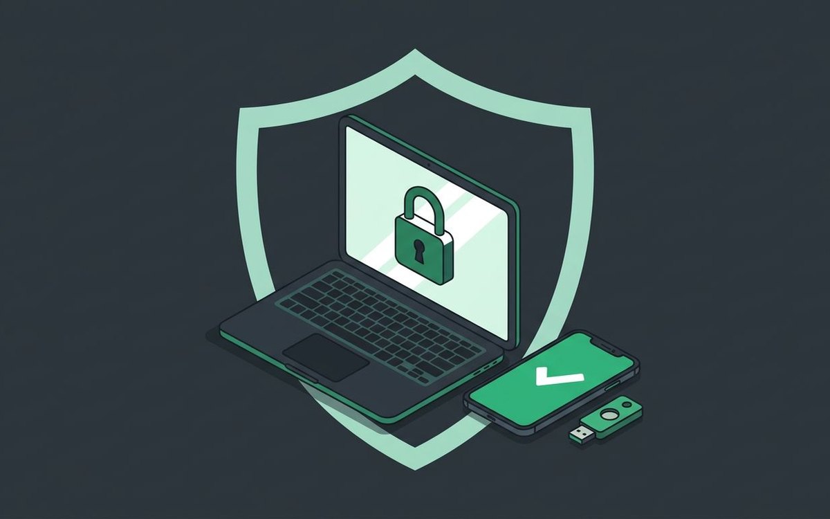 Illustration of a locked laptop, a phone with a green checkmark, and a security key inside a shield outline