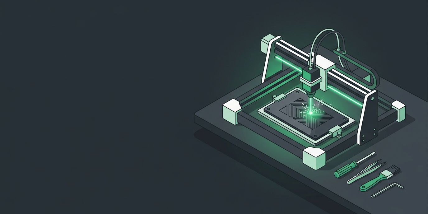 Complete I.T. Owners Launch Diverge Laser Systems for Universal Laser Sales and Service cover illustration Illustration: a laser engraving machine with a glowing green laser beam etching a plate, small tools beside it