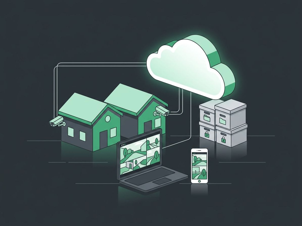 Illustration of security cameras on two buildings linked to the cloud, with a laptop and phone showing camera views