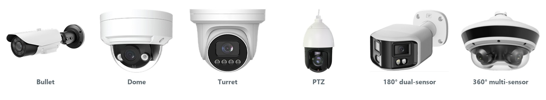 Eagle Eye security cameras: bullet, dome, turret, PTZ, 180-degree dual-sensor, and 360-degree multi-sensor
