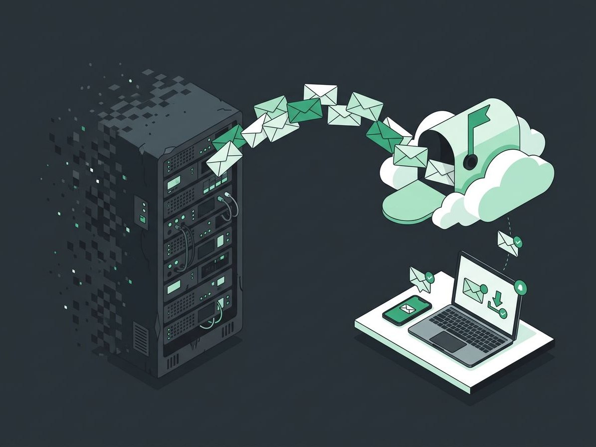 Illustration of email moving from an old onsite server to a cloud mailbox, arriving on a laptop and phone