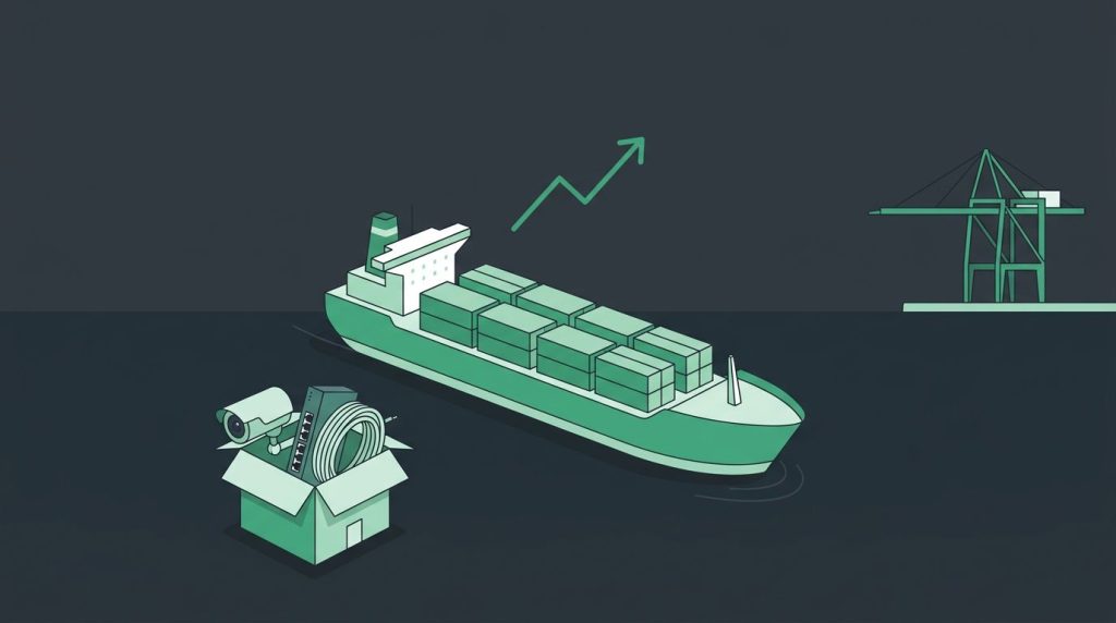 Illustration of a container ship heading to port beside an open box holding a security camera, a network switch, and a coil of cable