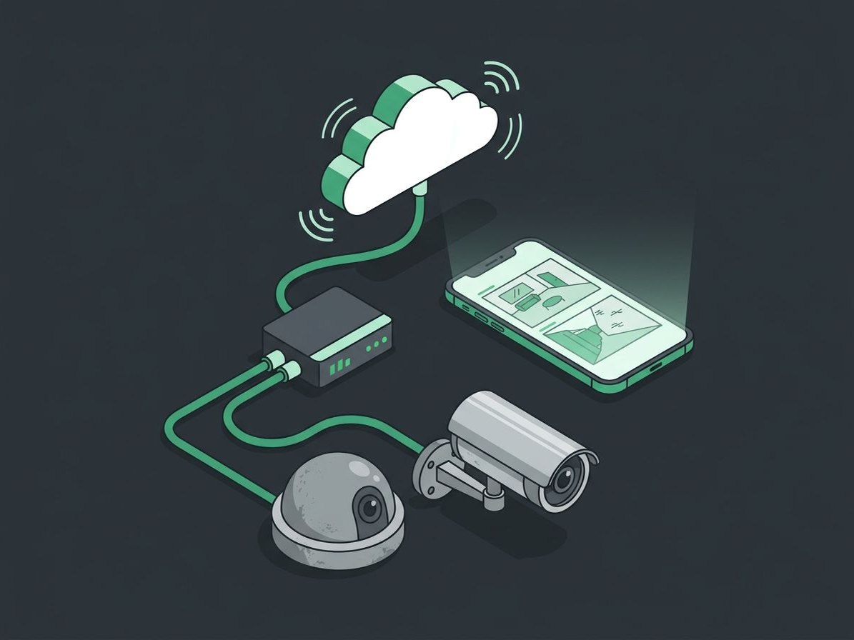 Illustration of existing cameras connected through a bridge appliance to the cloud, viewed on a phone