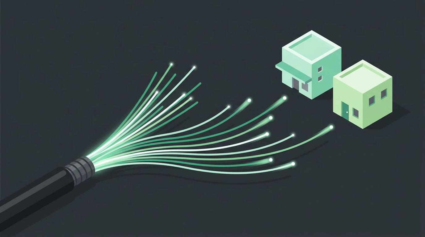Fiber Optic Cable Types: Single-Mode, Multimode, and What Your Property Needs Illustration of fiber optic strands running from an armored cable to two buildings