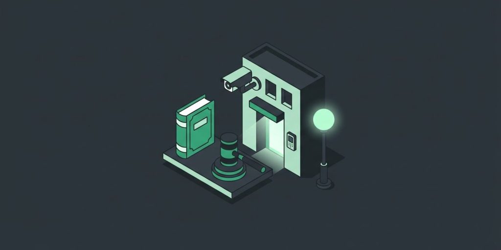 Florida Statute 768.0706 & You cover illustration Illustration: a gavel and a law book beside an apartment building with a camera, a lit walkway light, and a door reader