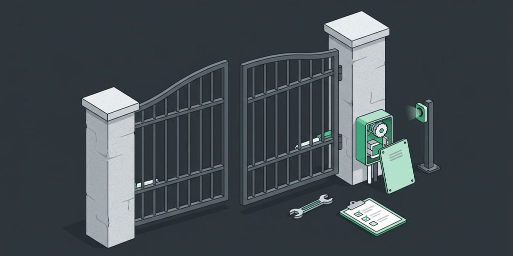 Gate Maintenance: Protect Your Property, Residents, and Security Systems cover illustration Illustration: a double swing iron gate being serviced, with an open operator box, a photo eye, and a checklist
