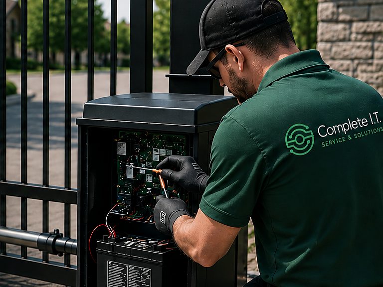 Complete I.T. technician in a green company shirt servicing a gate operator's control board