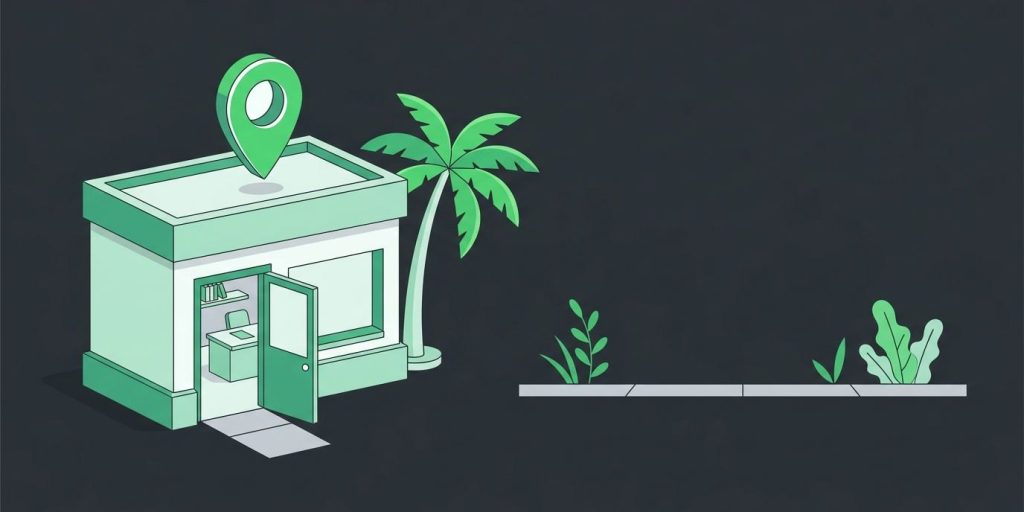 Gear Spinners Announces New Lutz Location cover illustration Illustration: a small office storefront with a map pin and an open door, palm tree beside it