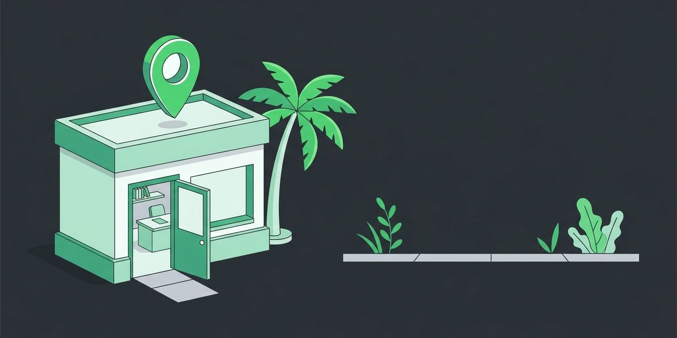 Illustration: a small office storefront with a map pin and an open door, palm tree beside it