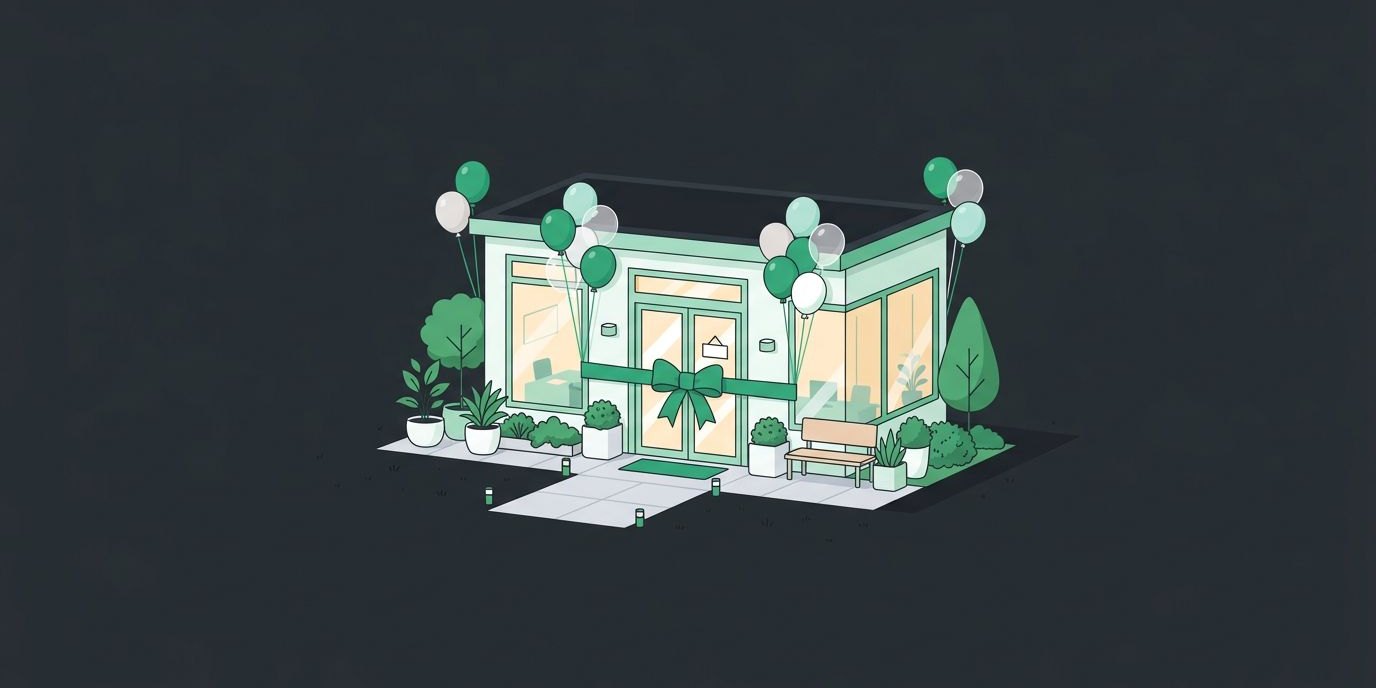 Illustration: a small office front decorated for an open house with balloons and a ribbon across the door