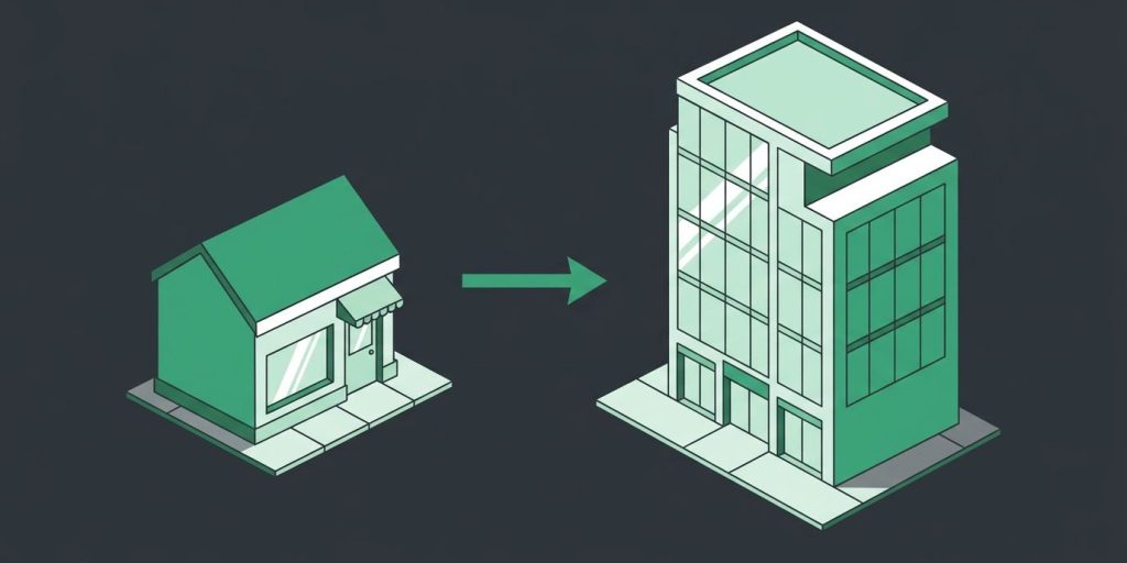 Gear Spinners LLC Is Now Officially Complete I.T. Corp cover illustration Illustration: a small storefront and a larger office building joined by one green arrow