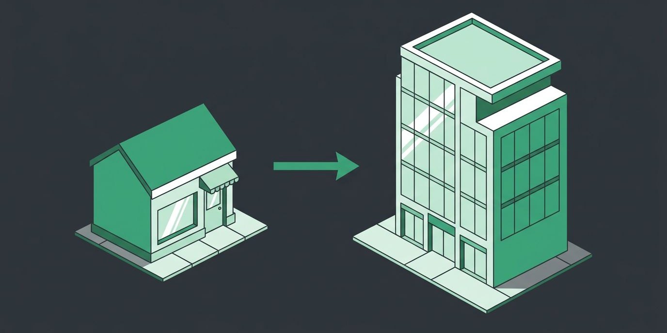 Illustration: a small storefront and a larger office building joined by one green arrow