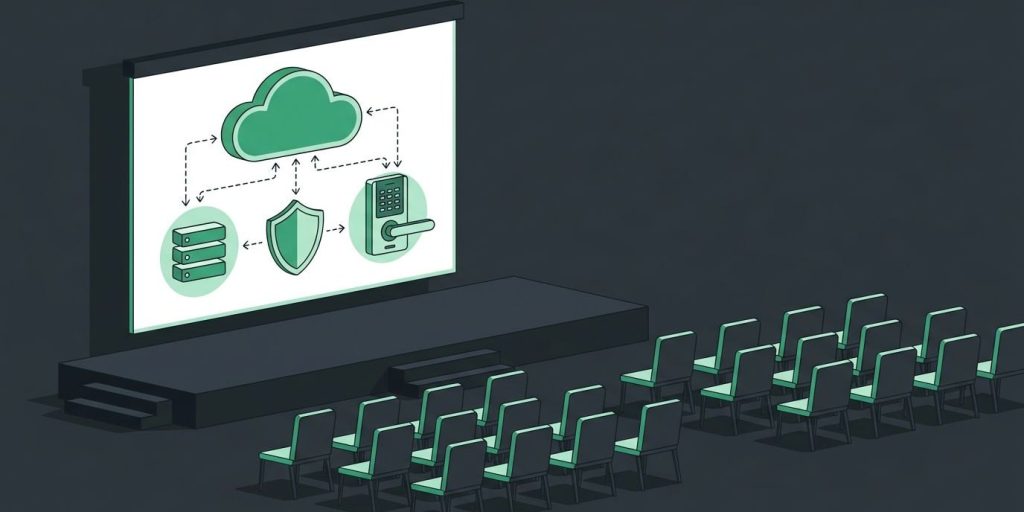 Complete I.T. CEO Thomas Giella Presents “From Cyber to Physical” at GROW Pasco 2024 cover illustration Illustration: a presentation stage with a large screen showing a cloud connected to a shield and a door reader